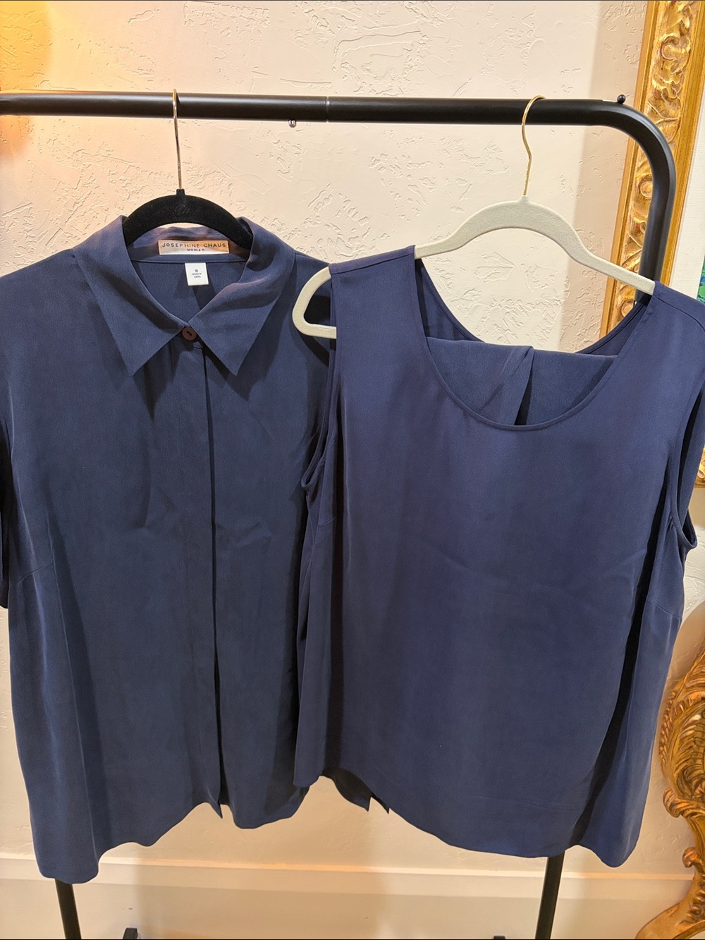Josephine Chaus Navy 3 Piece Button-Down Shirt, Shell and Pants in 100% Silk